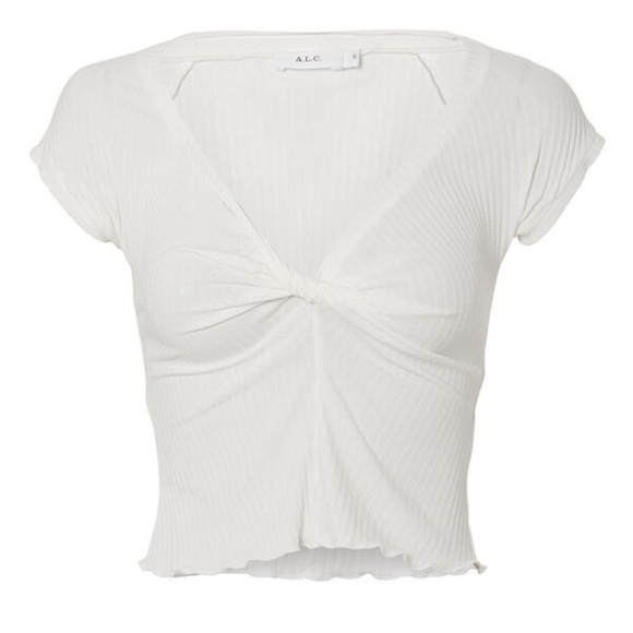 A.L.C. Sabina Twist Front White Crop Top Ribbed Knit Scalloped Edge Vneck Small - Picture 2 of 9